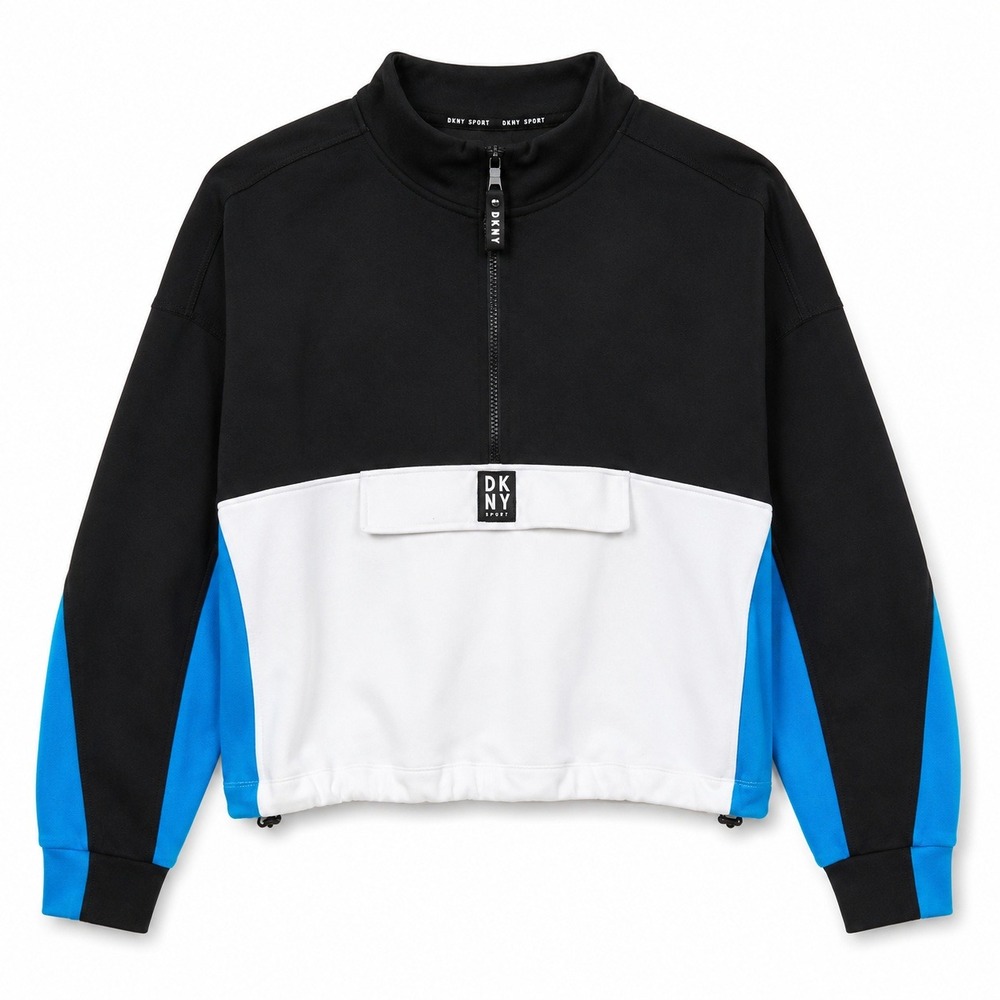 DKNY Sport Quarter Zip Sweatshirt Womens XXL Black White Blue Excellent Cropped